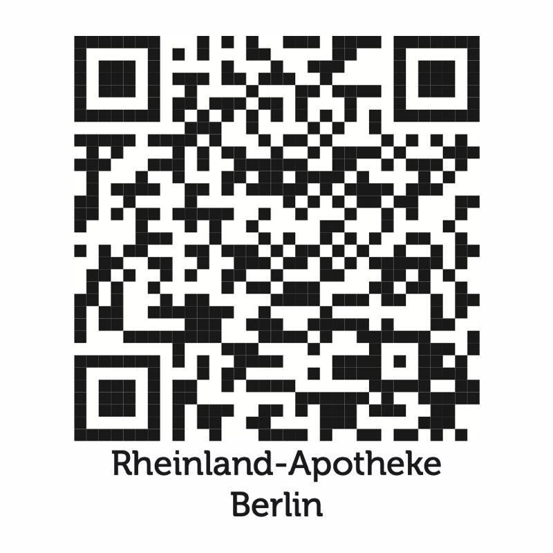 QR-Code der Rheinland Apotheke Berlin der Gesund.de App Quadratischer QR-Code mit dem Logo der Rheinland Apotheke in der Mitte.